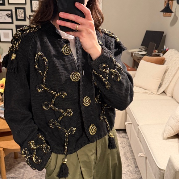 Vintage Embellished Napoleon Sweater Jacket with Tassels Black Gold Size Small - Picture 12 of 12